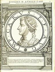 Carus, illustration fra de romerske kejsere i hele øst og vest, med de mest autentiske billeder af de gamle mønter, træsnit af Rudolph Wyssenbach, trykt af Andreas Gesner, Zürich, 1559 wo